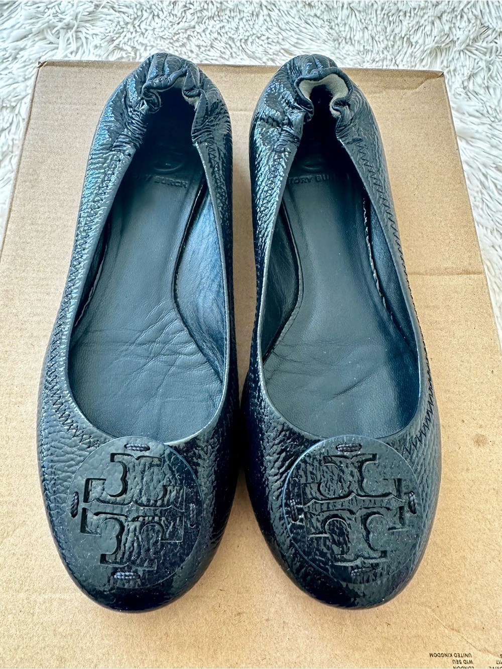 TORY BURCH Reva Black Patent Leather Logo Ballet Flats Shoes Size 9